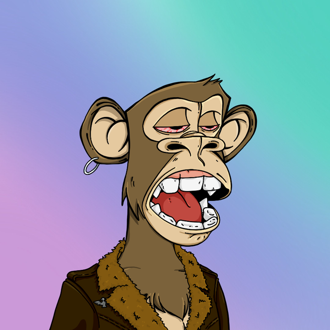 A cartoon illustration of a smug-looking monkey with bared teeth, wearing a fur-lined jacket and an earring, set against a gradient pastel background.