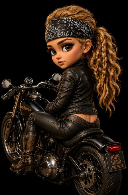 A stylized digital illustration of a woman with large eyes, a bandana, and braided hair sitting on a black Harley-Davidson motorcycle, with a license plate reading 'RIDE HARD LIVE FREE'.