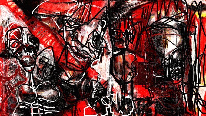 An abstract expressionist painting features chaotic red, black, and white brushstrokes forming vaguely skeletal or mask-like figures.