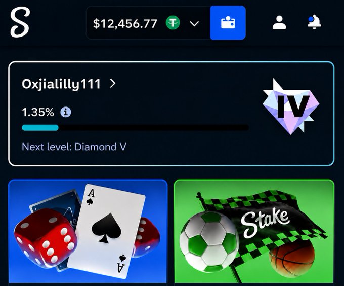A Stake profile for user "0xjialilly111" shows a balance of $12,456.77 and a Diamond IV VIP rank at 1.35% progress toward Diamond V. The image appears to verify the poster's account, suggesting the giveaway may be funded by their substantial Stake balance.