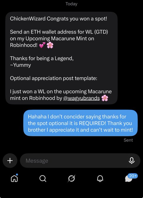 A Twitter DM screenshot from ChickenWizard congratulating the user on winning a whitelist spot, with the recipient responding that the appreciation post is required, not optional.