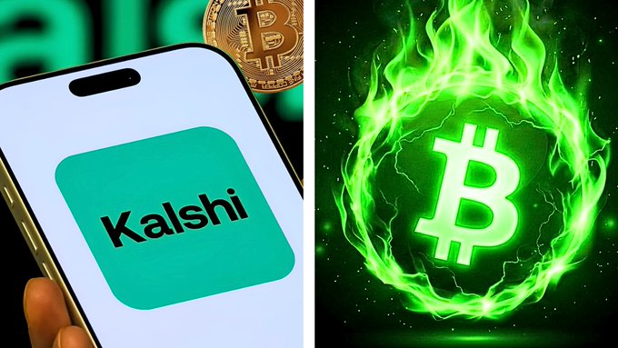 A split image showing the Kalshi app logo on a phone screen next to a physical Bitcoin coin on the left, and a glowing green Bitcoin symbol surrounded by flames on a black background on the right.