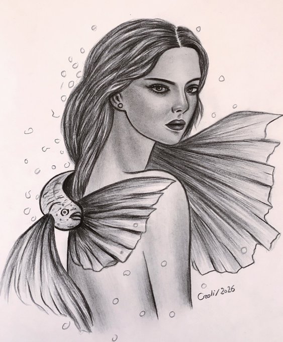 A pencil sketch of a woman with long flowing hair looking over her shoulder, with two large fish swimming around her amidst floating bubbles, signed "Crasli/2026".