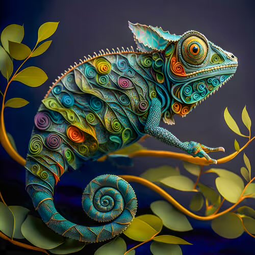 A vibrantly colored chameleon with intricate swirl-patterned scales in blue, orange, pink, and yellow, perched on a leafy branch against a dark blue background.
