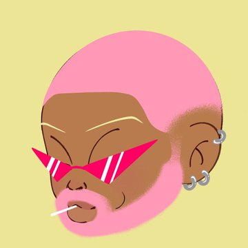 A minimalist illustration of a person's profile with pink hair, wearing angular red sunglasses and multiple earrings, with a lollipop stick in their mouth against a pale yellow background.