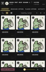 A mobile app screen displays a marketplace called 'Green Puff Swap Season 1' with multiple inventory slots showing 'Grenade' items labeled 'unlimited'.