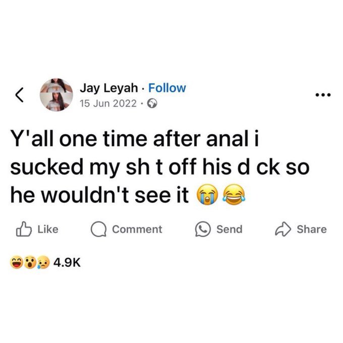 A Facebook post by Jay Leyah from June 15, 2022, shares a humorous anecdote about a sexual encounter, gaining 4.9K reactions with laughing and crying emojis.