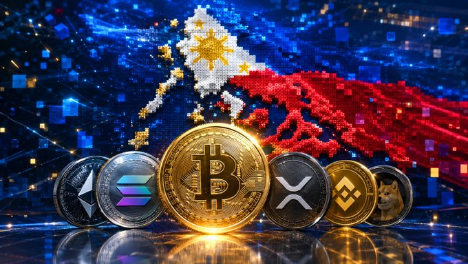 A digital graphic displays various cryptocurrencies including Bitcoin, Ethereum, XRP, and Dogecoin set against a stylized Philippines flag background.