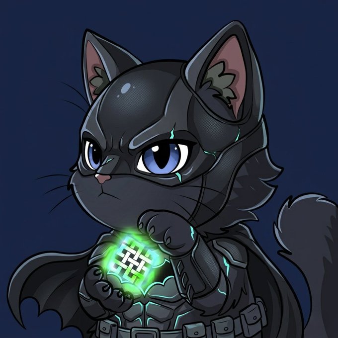 The image features a cartoon cat wearing a Batman costume, holding a green crystal or gemstone with its paws. The cat appears to be posing for the picture while wearing the Batman outfit. The caption of the image includes various social media handles such as @ritualnet, @joshsimenhoff, and @Jez_Cryptoz, suggesting that this is likely an art piece created by a fan or artist who appreciates the cat character from the Batman franchise.
