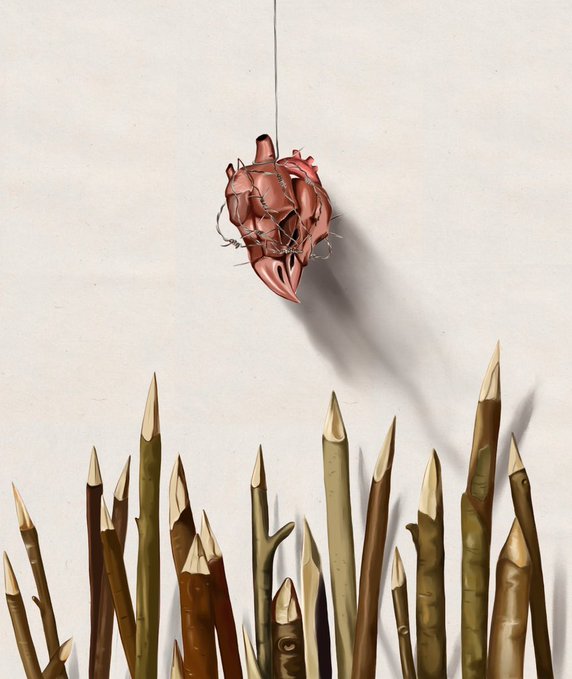 A surreal painting depicting a realistic anatomical heart wrapped in barbed wire, hanging by a string above a forest of sharpened pencil tips.