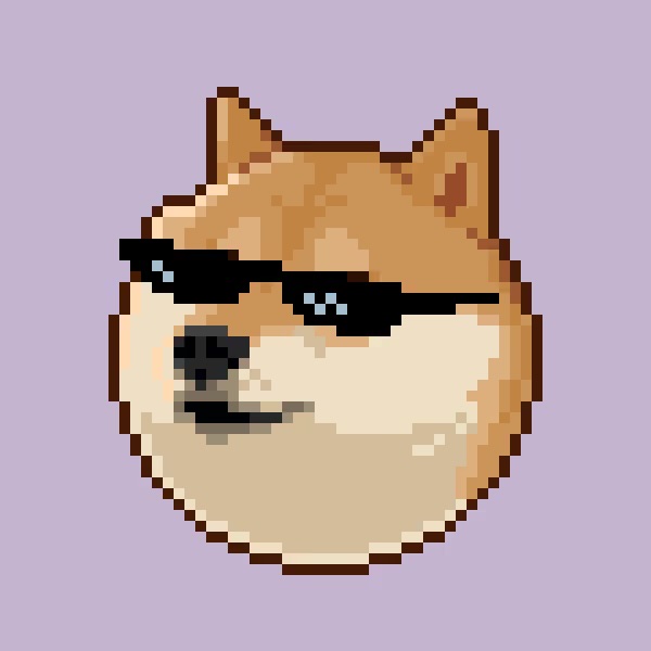 A pixel art illustration of a Shiba Inu dog's face wearing black sunglasses with a slight smirk, set against a plain light purple background.