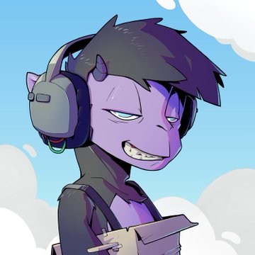 Digital illustration of a purple-skinned character with dark hair wearing headphones and holding a card or device.