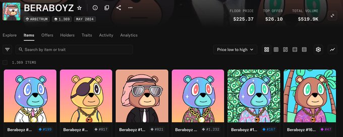A screenshot of OpenSea displays the "Beraboyz" NFT collection on the Arbitrum network, showing a floor price of $225.37, a top offer of $26.10, and a total volume of $519.9K across 1,369 items. The listing features colorful cartoon bear characters, with visible items priced at #170, #517, #321, #232, #157, and #447, aligning with the post's promotion of the Beraboyz collection.