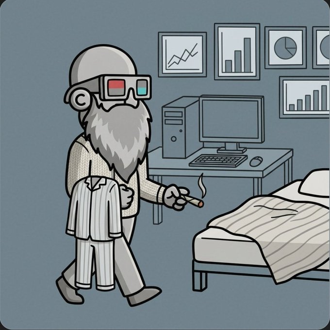 Cartoon illustration of an elderly bearded man wearing 3D glasses, smoking a cigarette, and holding striped pajamas in a bedroom with charts on the wall.