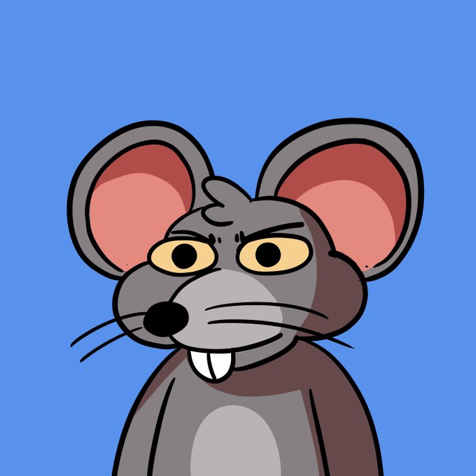A digital illustration of a grey cartoon mouse with large pink ears, two prominent front teeth, and a slightly skeptical expression against a blue background.
