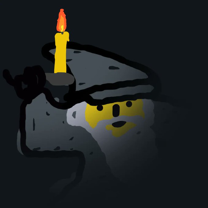 A digital drawing of a gray character resembling a bucket or block with a smiling face, holding up a lit yellow candle against a dark background.