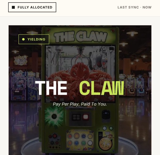 A promotional image for 'THE CLAW', displaying a green claw machine filled with red plush toys, accompanied by the text 'Pay Per Play, Paid To You.' and a yellow 'YIELDING' badge.