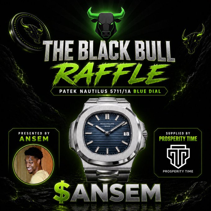 A promotional graphic for "The Black Bull Raffle" featuring a Patek Philippe Nautilus 5711/1A with a blue dial, presented by Ansem and supplied by Prosperity Time, with a "$ANSEM" token logo at the bottom, advertising a raffle to win the luxury watch.