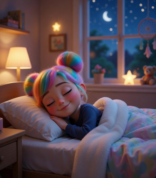 A 3D-style illustration of a girl with rainbow-colored hair sleeping peacefully in bed, with a crescent moon visible through the window behind her.