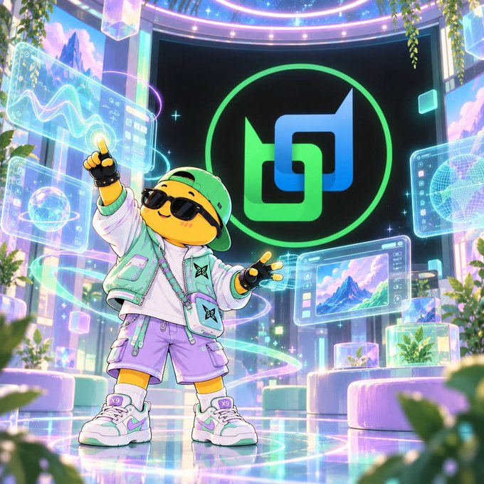 A vibrant digital illustration of a yellow emoji-style character wearing sunglasses, a green cap, and streetwear, posing in a futuristic neon-lit room with holographic screens and a large green and blue logo in the background.