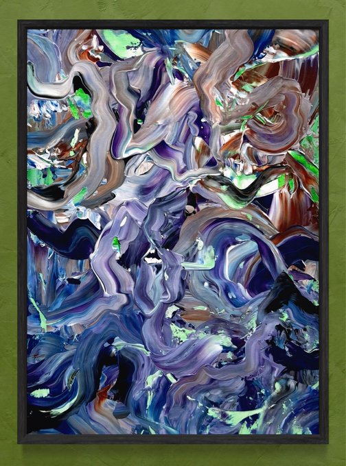 An abstract framed painting with swirling purple, blue, white, and green brushstrokes displayed on a green wall.
