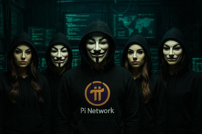 A dark image showing five hooded figures wearing Guy Fawkes masks in a server room, with one wearing a 'Pi Network' hoodie.