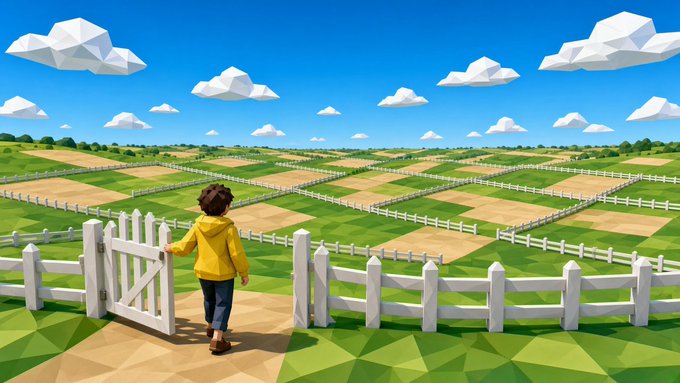 A low-poly 3D rendered image shows a figure in a yellow hoodie standing by an open gate, looking out over a vast expanse of fenced green fields under a blue sky with stylized clouds.
