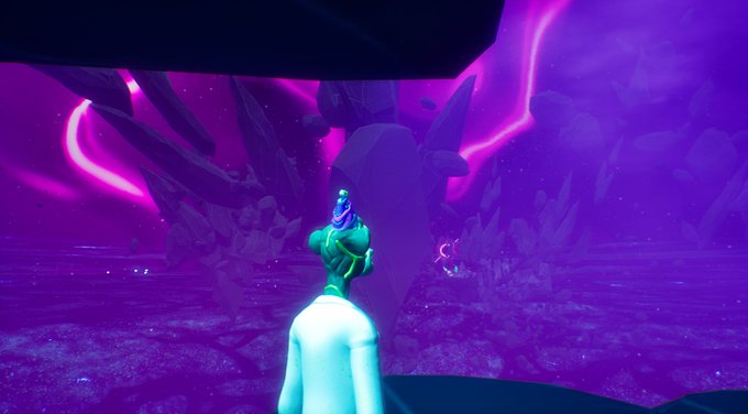 A 3D-rendered scene showing a character in a white bodysuit with a star-topped headpiece standing before a surreal purple landscape with crystal formations and a glowing pink energy arc.