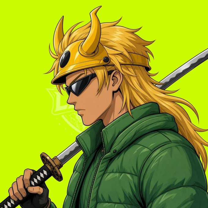 Digital anime-style illustration of a character with messy blonde hair wearing a golden horned helmet, black sunglasses, and a green jacket, carrying a katana over his shoulder against a bright green background.