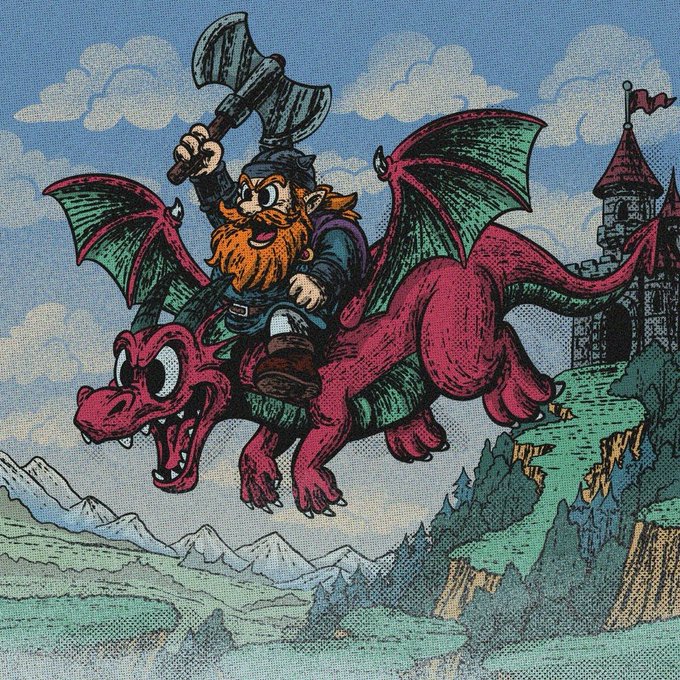 A retro-style illustration of a bearded dwarf warrior riding a flying red dragon, holding an axe aloft, with a medieval castle visible in the background against a cloudy sky.