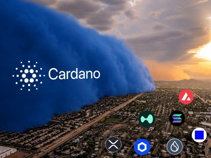 An aerial view of a city with a massive, dramatic blue storm cloud rolling in, overlaid with the 'Cardano' logo and several smaller cryptocurrency icons including Avalanche, Sushi, and others.