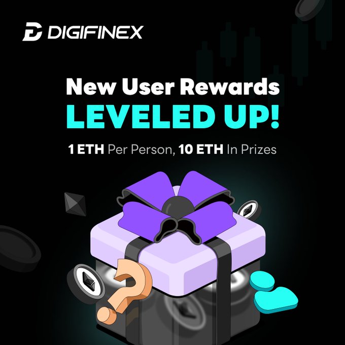 A promotional graphic for Digifinex exchange advertising 'New User Rewards LEVELED UP! 1 ETH Per Person, 10 ETH In Prizes' with an illustration of a gift box and crypto coins.