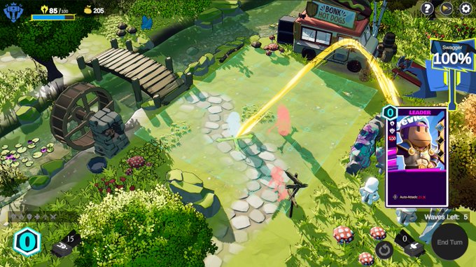 A screenshot of a strategy video game shows a grassy battlefield with characters in action, UI elements indicating 'Waves Left: 5', and a character card labeled 'LEADER' with 'AUTO-ATTACK: 85%'.