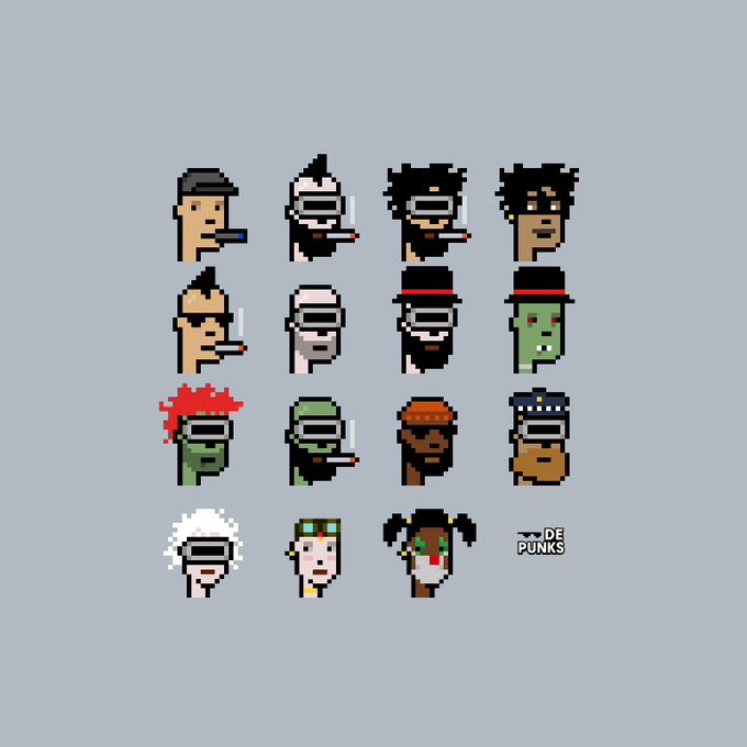 A 4x4 grid showcasing various pixel-art character heads from a 'CryptoPunks' style NFT collection on a grey background, with one cell displaying the text 'DE PUNKS'.