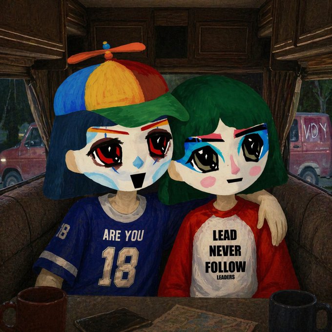 The image features two cartoon girls wearing colorful clothing, with one girl dressed as a clown and the other as a lead singer. They are sitting at a table together, surrounded by various objects such as cups, books, and a cell phone. The scene appears to be set in an RV or a similar environment, adding to the overall atmosphere of the image.