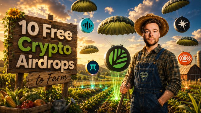 A bearded farmer in overalls and a straw hat stands in a field holding a glowing green-lit staff, surrounded by descending parachutes carrying various cryptocurrency logos (including teal, black, and red circular icons). On the left, a wooden sign reads "10 Free Crypto Airdrops to Farm," with fresh vegetables displayed below it. The image visually reinforces the post's message of "farming" free crypto airdrops—blending the literal farming imagery with parachuting crypto tokens to illustrate collecting free token distributions without upfront investment.