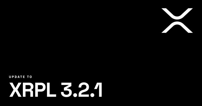 The image displays a sleek black promotional graphic with the XRP logo in the upper right corner and bold white text reading "UPDATE TO XRPL 3.2.1" in the lower left. The announcement ties directly to the accompanying post about the XRPL 3.2.1 upgrade, signaling a new update for the XRP Ledger.