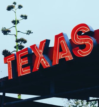 The image features an old neon sign for "Texas" with the word "TX" written in red letters. The sign is located under a tree, adding a touch of nature to the scene. In the background, there are some trees visible as well. The main focus of the image is on the neon Texas sign and its connection to the post about Bitcoin.