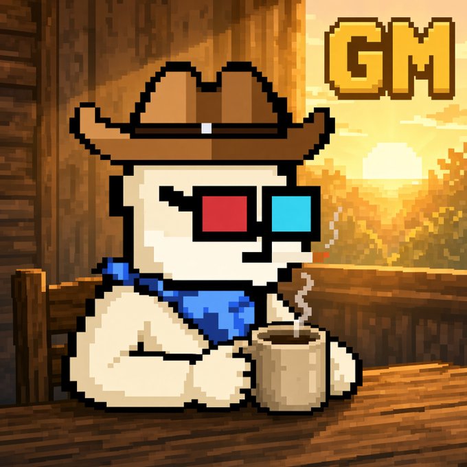 A pixel art character wearing a cowboy hat and 3D glasses with 'GM' text displayed.