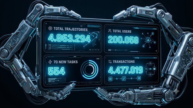Robotic arms frame a glowing digital dashboard displaying August metrics for @axisrobotics, highlighting 4,863,294 total trajectories, 200,058 total users, 554 new 7D tasks, and 4,477,019 transactions—visually reinforcing the post's celebration of the platform's breakout month and Top 3 DApp status on @base.