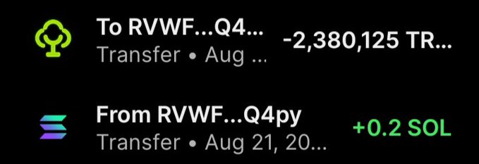 A digital wallet transaction screen shows a transfer of -2,380,125 TRO... and a received transfer of +0.2 SOL from an address beginning with RVWF...Q4py.