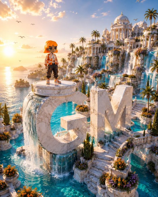 Fantasy artwork depicting a character with an orange construction hat standing atop large marble 'GM' letters, surrounded by waterfalls, lush gardens, and an ornate palace in the background.