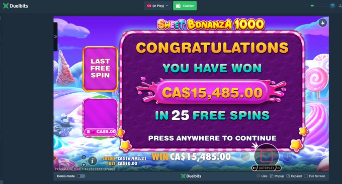 A screenshot from Duelbits shows a "Sweet Bonanza 1000" slot win, with a popup declaring "CONGRATULATIONS YOU HAVE WON CA$15,485.00 IN 25 FREE SPINS" on Demo mode, supporting the poster's brag about a big win and their request for tips via the code "BALLY."