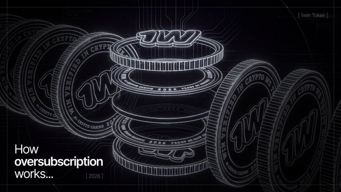 A promotional graphic with the text 'How oversubscription works...' showing stacks of 1WIN 'Crypto Coin' tokens in a wireframe design.