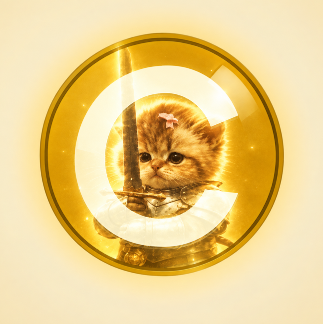 A digital artwork of an adorable orange kitten dressed as a knight with a sword, framed within a golden 'C' logo on a yellow background.