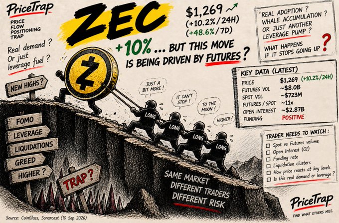 An illustrated PriceTrap infographic about ZEC cryptocurrency showing a +10.2%/24H (+48.6%/7D) gain to $1,269, questioning whether the rally is driven by real adoption or leverage fuel, with key data on futures volume, spot volume, and funding rate.
