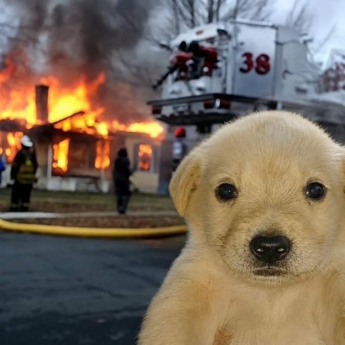 A close-up of a golden retriever puppy in the foreground, with firefighters battling a house blaze and fire truck "38" visible in the background. The image evokes the post's message of resilience—suggesting the innocent pup, like the $JOTCHUA community, remains unbothered and would survive any chaos or attempt at silencing them.