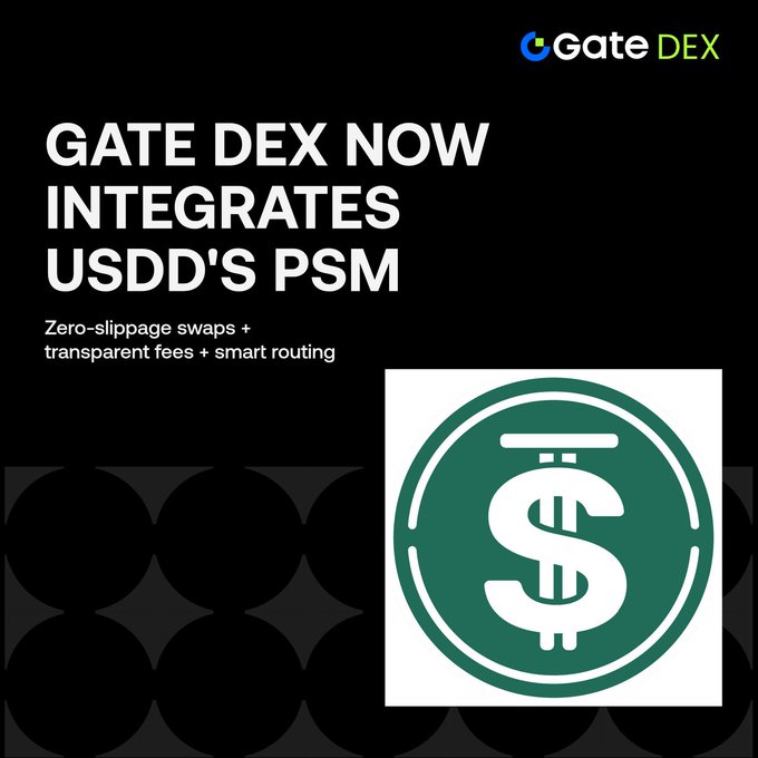 A promotional graphic with a black and dark gray patterned background announces "GATE DEX NOW INTEGRATES USDD'S PSM," highlighting features like "Zero-slippage swaps + transparent fees + smart routing" alongside the Gate DEX logo and a large green USDD coin emblem featuring a white dollar sign.