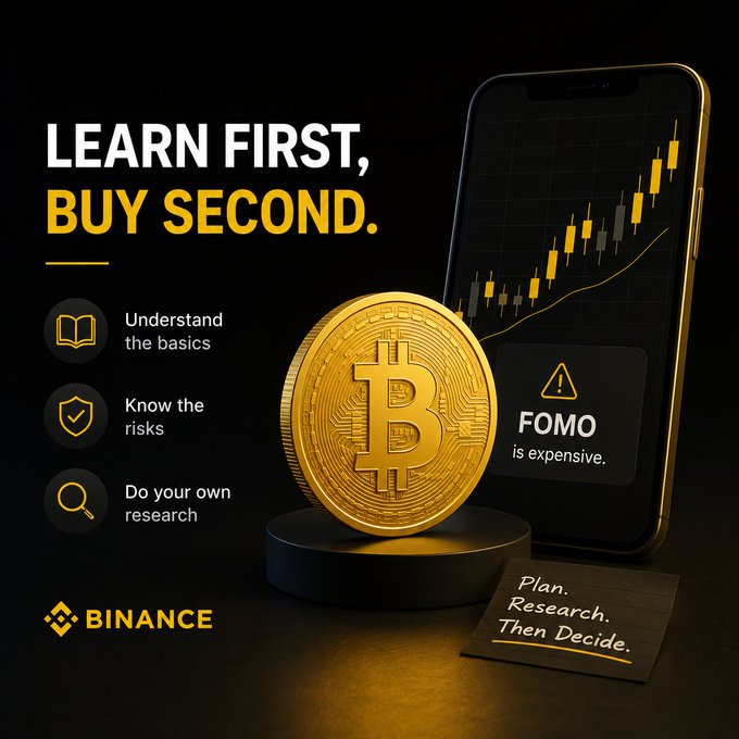The image is a Binance-branded promotional graphic featuring a large gold Bitcoin coin displayed on a black pedestal, with a smartphone behind it showing a rising candlestick chart. The bold headline reads "LEARN FIRST, BUY SECOND," accompanied by tips to "Understand the basics," "Know the risks," and "Do your own research," along with warnings that "FOMO is expensive" and "Plan. Research. Then Decide."