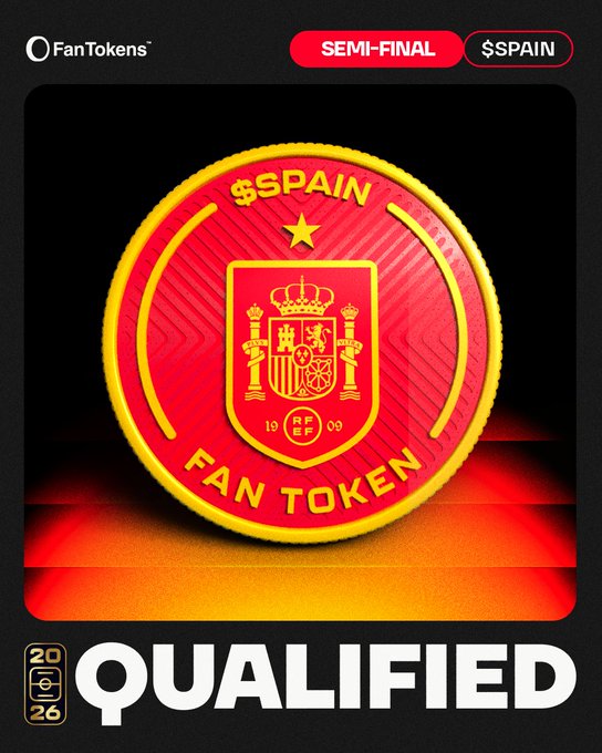 A graphic from FanTokens announcing Spain has qualified for the semi-final, featuring a red and yellow Spain national team fan token coin with the team crest.